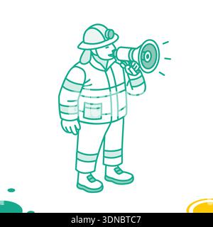 Firefighter speaking through a megaphone. Vector illustration. Object isolated on white background. Emergency service, communication, safety Stock Vector