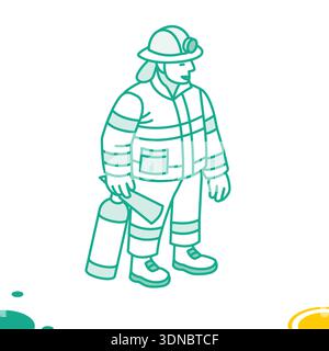 Firefighter standing with a fire extinguisher. Vector illustration. Object isolated on white background. Emergency service, safety, profession Stock Vector