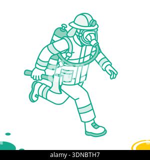 Firefighter in protective suit running with axe and breathing apparatus. Linear contour style. Vector illustration. Object isolated on white backgroun Stock Vector