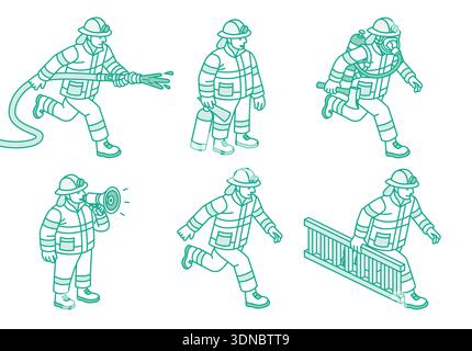 Isometric set of firefighters in action with rescue equipment and tools. Outline vector illustration. Object isolated on white background. Stock Vector