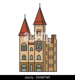 Historic building with towers and pointed roofs in cartoon style. Vector illustration. Object isolated on white background. Stock Vector