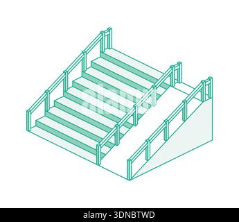 Isometric staircase with side ramp and handrails. Outline vector illustration. Object isolated on white background. Stock Vector