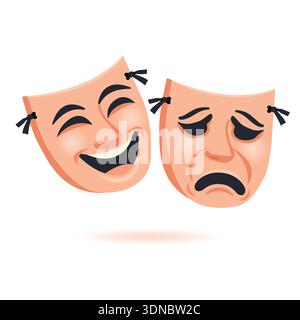 Comedy and tragedy masks. Drama and theater. Theatrical masks. Vector illustration. Objects isolated on white background. Theatre art, performance Stock Vector