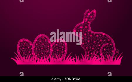 Low poly wireframe easter bunny with eggs on dark pink background. Stock Vector