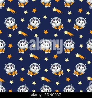 Seamless pattern with husky dog astronaut in space with stars and comets on dark blue background. Stock Vector