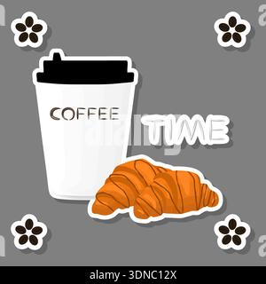 Illustration logo for white ceramic cup of hot coffee, croissant on saucer, croissant pattern consisting of grain coffee brewed in porcelain cups for Stock Vector