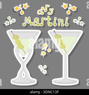 Illustration on theme of beautiful alcohol cocktail martini, bright martini consisting of full glass cup with transparent cocktail and cubes of ice, t Stock Vector