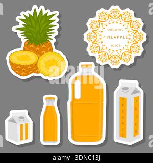 Illustration on theme big set different types of juice pineapple in bottle, juice pineapple pattern consisting of collection organic beverage to bottl Stock Vector