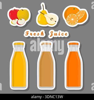 Illustration on theme of set multicolored bottles with tasty pear juice, kit bottles consisting of liquid natural pear juice, pear juice in new vivid Stock Vector