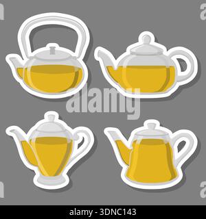 Illustration on theme big colored set different types porcelain teapots for tasty tea, teapots consisting of collection accessory on kitchen to tea, f Stock Vector