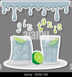 Illustration on theme of beautiful alcohol cocktail gin tonic, bright gin tonic consisting of full glass cup with transparent cocktail and cubes of ic Stock Vector