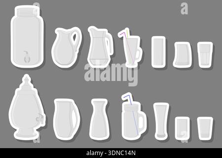 Illustration on theme big kit different types glassware, jugs various size, glassware consisting of organic plastic jugs for fluid nutrition, jugs sta Stock Vector