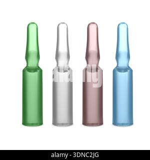 Medicine vaccine ampoule. Injection drug transparent bottle. Cosmetic vaccination treatment flask. Realistic collagen vial, serum inject ampule. Pharm Stock Vector