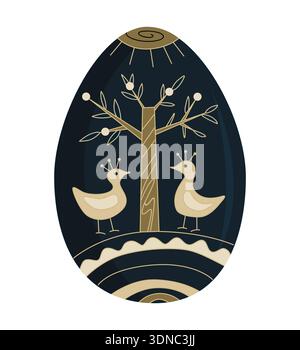 Easter egg decorated with abstract linear birds and tree of life symbols. Vector graphic isolated illustration Stock Vector
