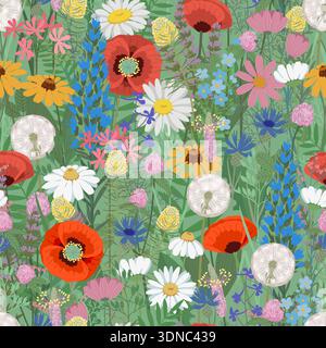 Seamless wild meadow flower pattern with poppies daisies dandelions and herbs, colorful hand drawn botanical illustration for textile wallpaper and Stock Vector
