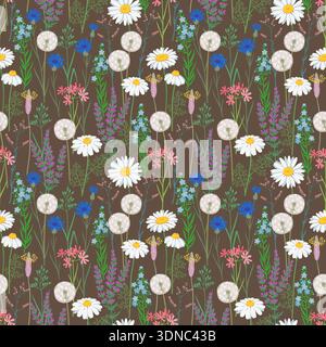 Seamless delicate wildflower meadow pattern on dark brown background, soft botanical illustration with daisies dandelions herbs and field flowers for Stock Vector