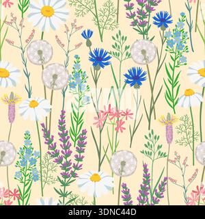 Seamless delicate wildflower meadow pattern on light cream background, soft botanical illustration with daisies dandelions herbs and field flowers for Stock Vector
