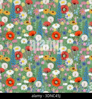 Seamless wild meadow flower pattern with poppies daisies dandelions and herbs, colorful hand drawn botanical illustration for textile wallpaper and Stock Vector