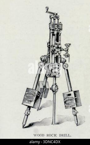Wood Rock Drill Works of Paterson, N.J., showcasing a historical illustration of a steam powered rock drill on a tripod stand, representing early industrial mining technology Stock Photo