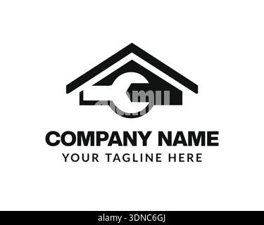 Construction logo, Home renovation logo, Home repair logo, handyman logo Template featuring House and Wrench Tool for Handyman, Mechanic, and Maintena Stock Vector