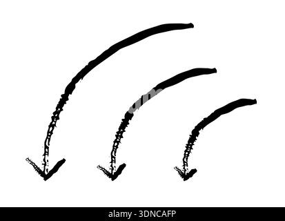 Curved down arrows in sweeping motion grunge doodle design element set Stock Vector