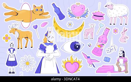 Whimsical fantasy and cute characters colorful die-cut sticker sheet Stock Vector