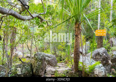 Madagascar, Ihorombe region, Ranohira, Isalo National Park, Namaza trail, sign for the Blue and Black swimming pool Stock Photo
