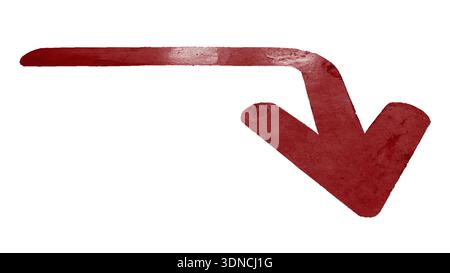 A textured dark red arrow in perspective view curving and to  right. The arrow is old worn and slightly dirty is isolated on white background for dire Stock Photo