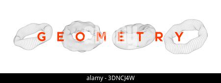 Set of deformed wireframe torus shapes. Stock Vector