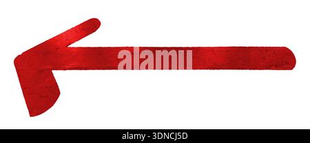 A textured red arrow pointing left with metallic slightly weathered finish. This bold graphic element features long shaft and distinct arrowhead perfe Stock Photo