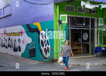 Thailand, Uthai Thani, small town with purple painted wooden houses in honor of Princess Maha Chakri Sirindhorn, daughter of Rama IX and sister of the current king, beloved by the Thais and born on a Saturday, a day associated with the color purple Stock Photo