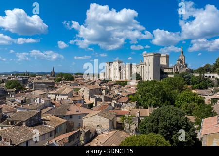 France, Vaucluse, Avignon, Palais des Papes (Palace of the Popes) listed as World heritage by UNESCO above the roofs of the old town (aerial view) Stock Photo