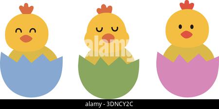 Easter chick clipart set sitting inside an eggshell flat vector.  Baby chick hatching egg easter clipart collection. Transparent background. Stock Vector