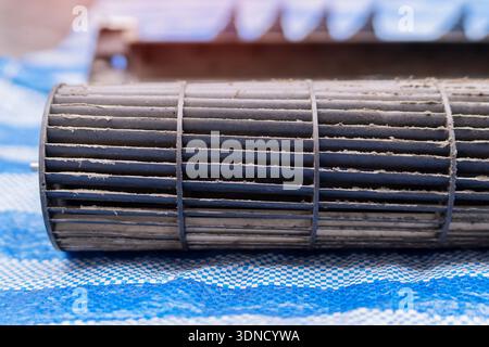 Dirty fan wheel on indoor air conditioner, Maintaining Air Conditioning Unit by Replacing Dirty fan wheel. Close-up. Stock Photo