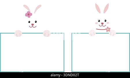 Cute Easter Bunny Holding Blank Sign Flat Vector Illustration Set. Adorable Easter Rabbit with Empty Sign Board Clipart. Stock Vector