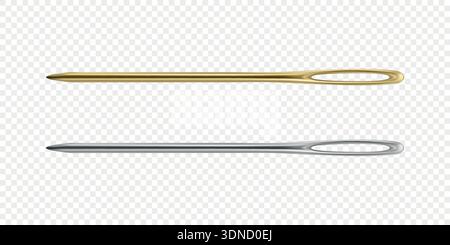 Vector 3d Realistic Sewing Needles Set. Large Eye Hand Stitching and Darning Needles Isolated. Tailoring Embroidery Needles for Craft and Repair Stock Vector