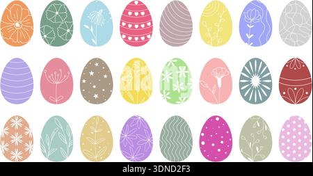 Large set of multicolored Easter eggs. Colorful ellipses with patterns of flowers, grasses, lines, dots, stars and hearts. Holiday clip art collection Stock Vector