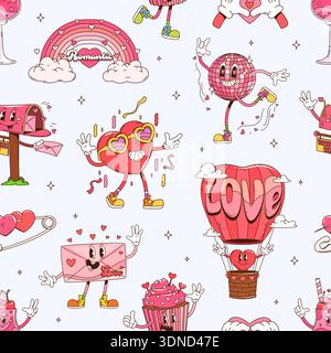 Groovy hippie Valentine's day seamless pattern Stock Vector