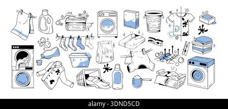 Hand drawn laundry doodle icon set. Laundromat concept with washing machines, clothes, detergent, baskets, socks on clothesline, household cleaning supplies. Simple line art illustration for housework Stock Vector