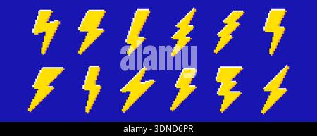 Pixel art lightning bolt icon set in retro 8bit style. Yellow electric thunder symbols for video games, ui, hud, buttons or arcade design. Energy, voltage or power pixeled elements on blue background Stock Vector