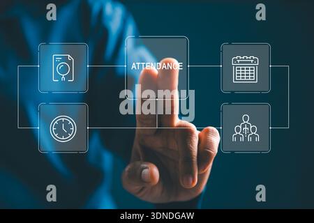 Businessman touching ATTENDANCE on virtual HR dashboard with calendar, clock and team icons, illustrating employee time tracking, scheduling, payroll Stock Photo