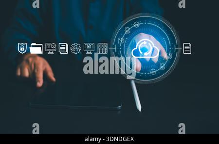 Businessman touching cloud sync icon on virtual interface with documents and server symbols, representing cloud storage, backup, secure data managemen Stock Photo