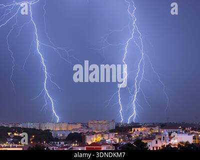 Summer lightning barrage in the city (Amora, Lisbon South Bay, Portugal) (01) Stock Photo