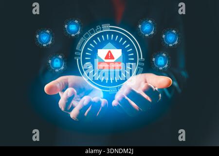 Concept phishing awareness and email security for fraud prevention with hands presenting interface showing warning envelope, phishing alert, locks, sh Stock Photo