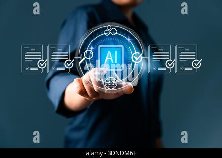 AI-powered digital document management concept as professional activates an intelligent compliance system to review and approve verified files on futu Stock Photo