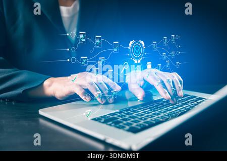 Digital document management and compliance workflow concept as business user types on laptop while virtual process map tracks verified files, audits, Stock Photo