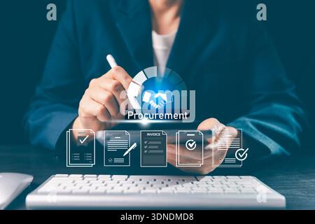 Procurement and digital document workflow concept as business professional uses stylus to manage purchase records and approve forms and invoices on vi Stock Photo
