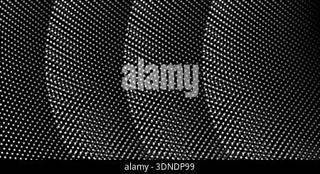 Abstract horizontal dots geometric pattern forming wave-like curved shapes on a black background. Modern style optical illusion design for text, ideal Stock Vector