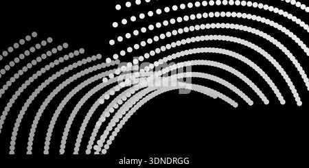Layers of abstract curved dotted lines in white over black background, creating a dynamic wave-like pattern, perfect for modern, minimal and futuristi Stock Vector