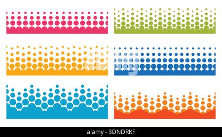 A collection of colorful dotted halftone seamless borders or banners with an abstract, dynamic dot design, ideal for use as horizontal patterns, heade Stock Vector
